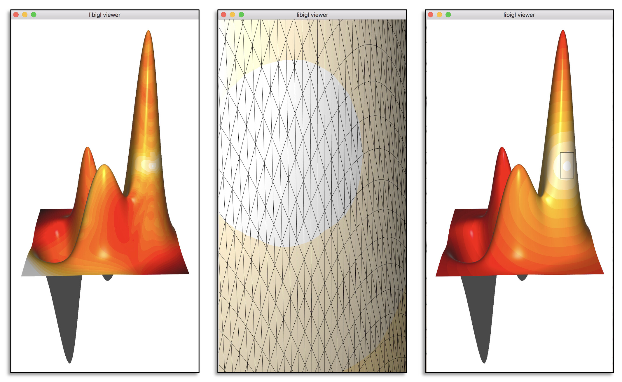 A bad geodesics on a mesh, a zoom in, and good geodesics