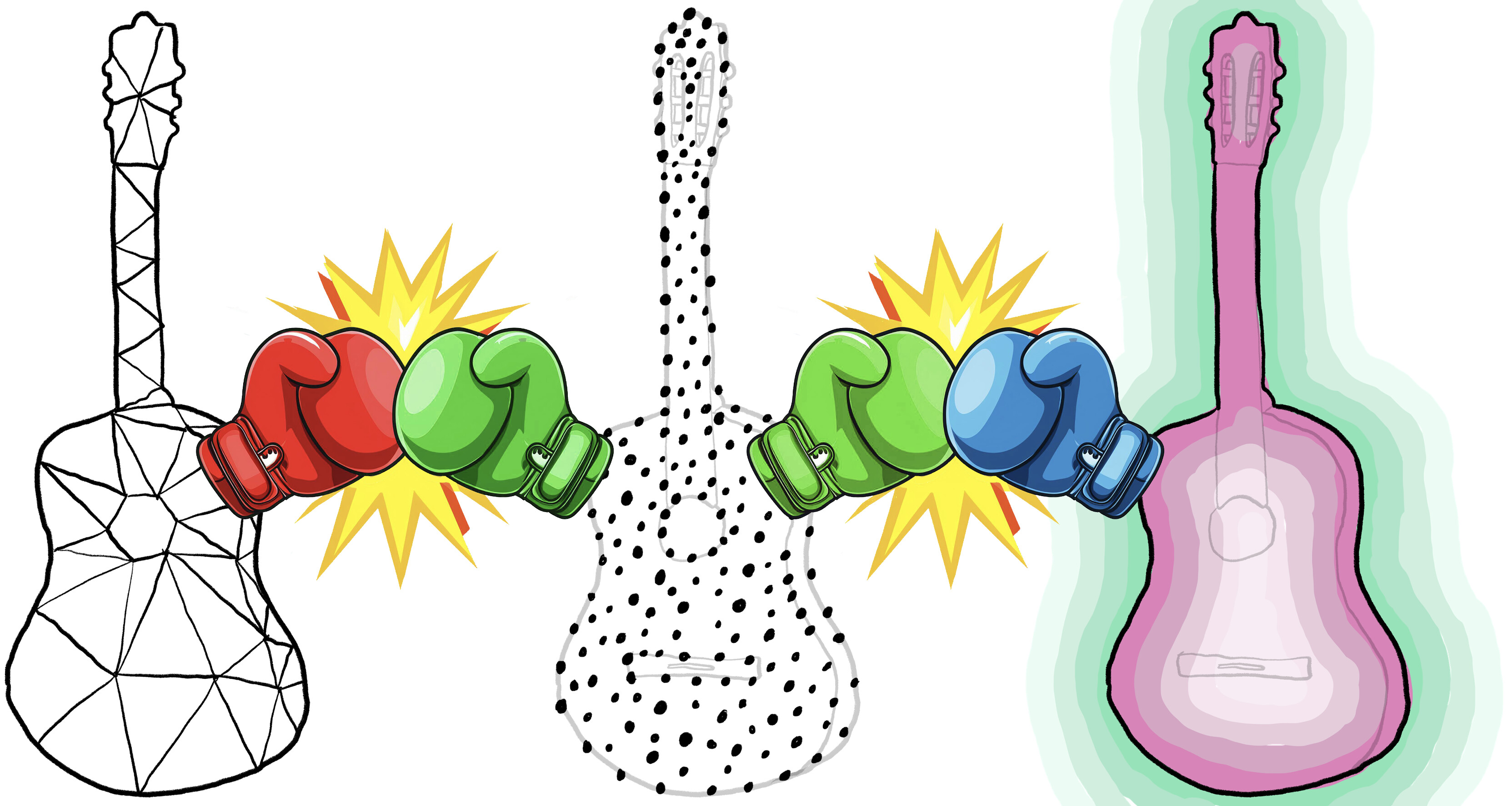 illustration of guitar as mesh, point cloud and sdf with boxing fists icons between